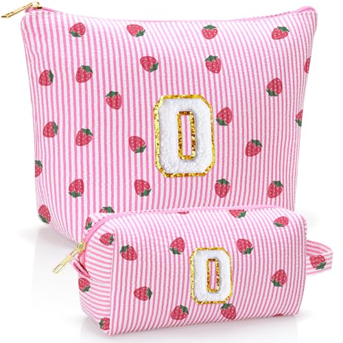 Personalized Initial Makeup Bag,Strawberry Print Preppy Cosmetic Toiletry Travel Bag,Trendy Letter Makeup Pouch for Teen Girls and Women,Holiday & Birthday Gift,2 Pack (O, Pink Strawberry) - style: O