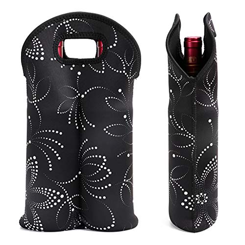 Hipiwe Wine Carrier Tote Bag Two Bottle Insulated Neoprene Wine/Water Bottle Holder for Travel with Secure Carry Handle (Black) - style: Black