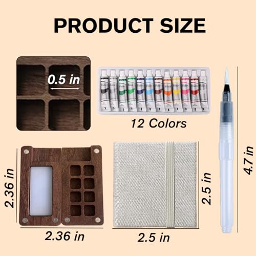 Aimery Mini Watercolor Paint Travel Set, Portable Pocket Size Water Color Painting Kit with Wooden Palette, Refillable Brush & Sketchbook(Grey) – Gift for Birthdays, Beginners, Art Lovers - style: Grey