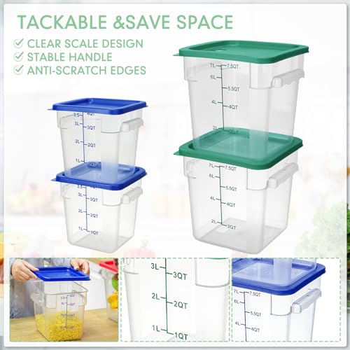 Lallisa 4 Pcs 8qt & 4qt Clear Food Storage Containers with Lids Handles and Scales, Stackable Plastic Square Food Storage Containers for Dough Proofing Baking Kitchen Restaurant(Blue, Green) - color: Blue, Green