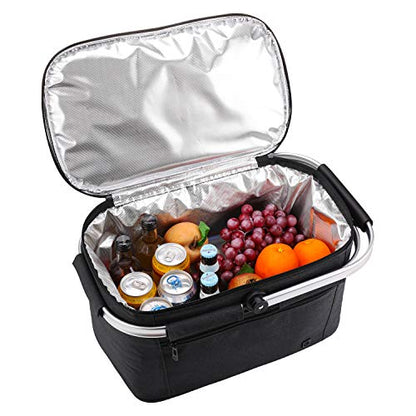 ALLCAMP Picnic Basket - 2 Ice Box Included 32L Insulated Cooler, Thickening Foldable Picnic Basket with Removable Baskets & Sewn-in Frame, Basket for House Warming Gifts New Home(Black) - color: Black, size: Large