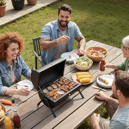 VINGLI Portable Double Sides Charcoal Grill, Wooden Handle,Storage Bag, Multi-functional Metal Compact Tabletop BBQ Outdoor Charcoal Grill for Camping Travel Picnic Patio - style: Double-Sides