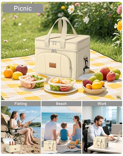 Rnivvi Lunch Box for Women, Double Decker Insulated Cooler Bag Lunch Bag Reusable Leakproof Tote Lunch Container with Strap for Work Family Picnic Camping, 18 Cans 12L, Large Adults, Apricot White - color: Apricot White
