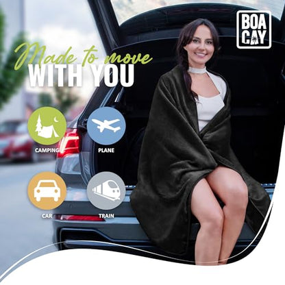 BOACAY Soft & Warm Travel Blanket for Airplane & Car - Long Flight Essential for Women, Men, Kids - Compact Pillow with Luggage Sleeve & Backpack Clip - color: Black