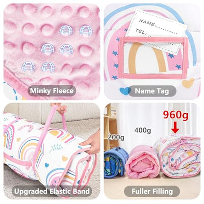 Primlect Toddler Nap Mat Extra Large Thickened 55''x35'', Soft Sleeping Bag with Detachable Minky Blanket and Pillow, Portable for Daycare, Preschool, Kindergarten, Travel, Boys and Girls - color: White Rainbow