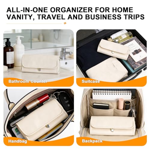 Folding Makeup Brush Bag,Travel Toiletry Bag with Separate Brush Compartment for Brushes & Skincare, Toothbrush Holder,Rollup & Open Flat cosmetic Organizer,Portable Waterproof &Hanging (white) - color: Cream white