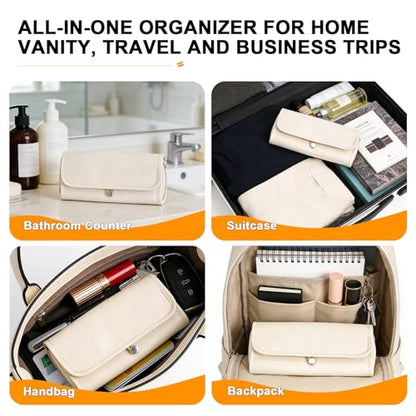 Folding Makeup Brush Bag,Travel Toiletry Bag with Separate Brush Compartment for Brushes & Skincare, Toothbrush Holder,Rollup & Open Flat cosmetic Organizer,Portable Waterproof &Hanging (white) - color: Cream white