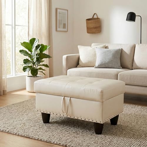 28.5 Inch Storage Ottoman Bench with Hidden Storage, PU Leather Upholstered Foot Rest Stool, Tufted End of Bed Bench for Bedroom Living Room, Easy to Clean, Ivory - color: Ivory