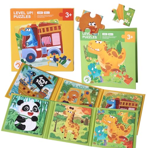 Magnetic Puzzles Super Set for Kids, 6 in 1 Montessori Learning Toys with 100 Pieces, Travel Activities for Toddlers Age 3-5, Preschool Puzzle Game Bundle with Animals, Pirate Ship, Fire Truck - color: Yellow & Green
