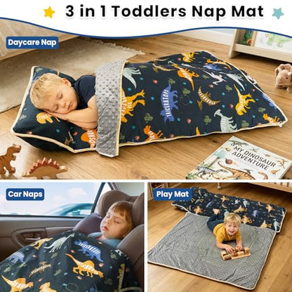 Primlect Toddler Nap Mat Extra Large Thickened 55''x35'', Soft Sleeping Bag with Detachable Minky Blanket and Pillow, Portable for Daycare, Preschool, Kindergarten, Travel, Boys and Girls - color: Green Dinosaur