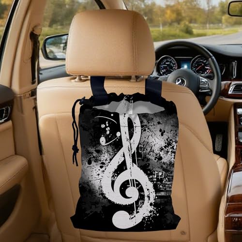Vintage Musical Notes Car Trash Bag, Hanging Drawstring Car Garbage Bag,Canvas Car Back Seat Organizer with Adjustable Buckle for Men and Women - color: Vintage Musical Notes