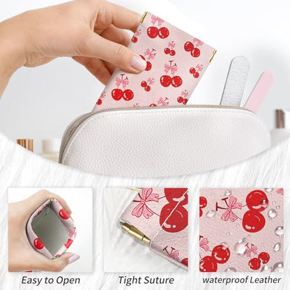 Glasses Case Soft, Eyeglass Cases for Women Portable Squeeze Top PU Leather 2 Pack Glasses Pouch with Cleaning Cloth - color: 2pcs Cherry Bow