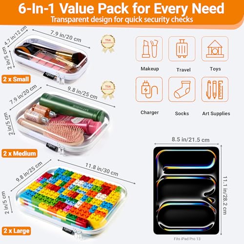YQBRAO 6 Pack Clear Hard Shell Zipper Case, 1.2mm Heavy Duty Crush-Proof Diaper Bag Organizer Pouches, TSA Approved Travel Makeup Bag for Toiletries & Electronics, (2L, 2M, 2S) Multi-Size Storage Set - color: White, size: 6 Pack (2L+2M+2S)