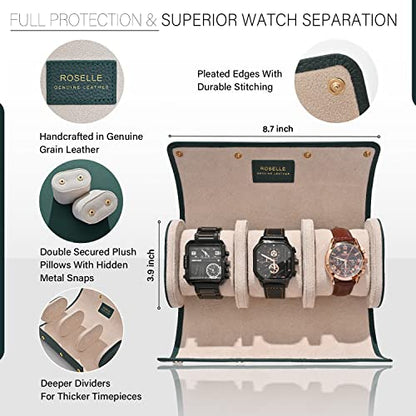 ROSELLE Genuine Leather Watch Roll Travel Case - Watch Roll Case For 3 Watches With Luxury Lining - Protect, Travel,Store, & Display Fine Watches (3 slot Green) - color: Green/ White-3