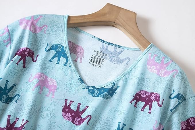 PNAEONG Women Pajama Set Sleepwear Tops with Capri Pants Casual and Fun Prints Pajama Sets - color: Blue Elephant, size: Small