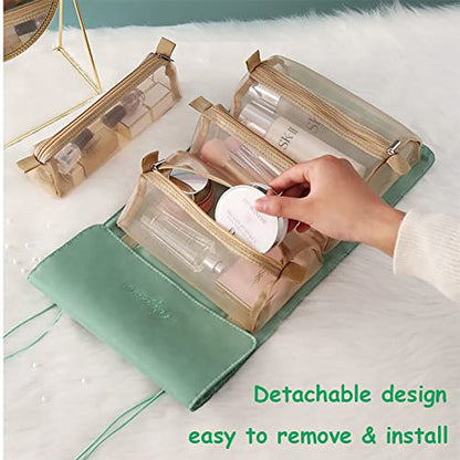 Roll Up Makeup Bag, Hanging Toiletry Bag, 4 in 1 Detachable Cosmetic Bag, 4 Removable Storage Bags, Travel Makeup Organizer Bags for Women Men(Green) - color: Green