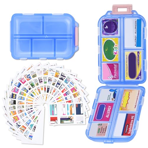 Large Travel Pill Organizer with 189 Stickers, 10 Compartments Travel Medicine Organizer Travel Pill Box Pill Case for Purse Airplane Car Nurse Vacation Essentials (Blue, 1 Pack) - color: Blue, size: Large