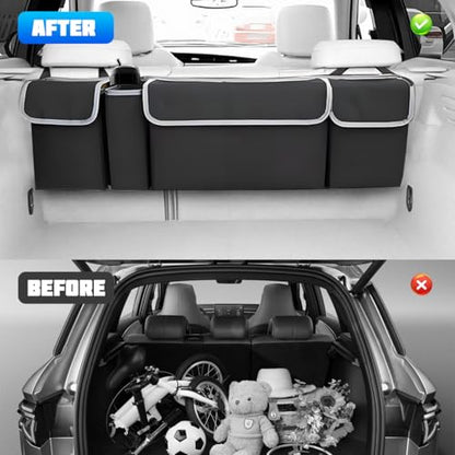 Car Trunk Organizer with Lid, Large Waterproof Vehicle Backseat Hanging Storage Bag with 4 Pockets & Adjustable Straps, Collapsible Automotive Interior Cargo Bag, Universal Fit (Black) - color: Black