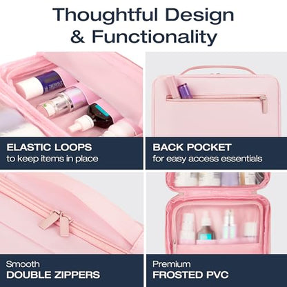 KAZAY Hanging Toiletry Bag with TSA Approved Detachable Pouch, Compact Travel Size Bag, Travel Toiletry Bag, Water Resistant, Premium Nylon, Travel Size Toiletries, Cosmetic Bag Makeup Bag (Pink) - color: Pink