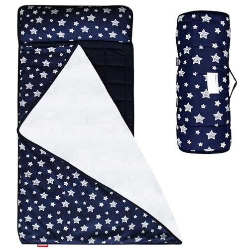 Moonsea Toddler Nap Mat with Pillow and Fleece Minky Blanket Navy, Lightweight and Soft Perfect for Toddlers Preschool, Daycare, Travel Sleeping Bag for Girls, 21" x 50" Fit on a Standard Cot - color: Navy