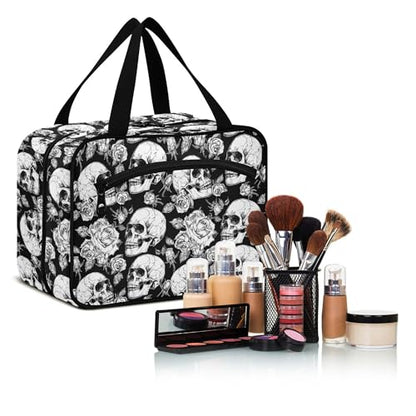 MNSRUU Hanging Toiletry Bags for Women Travel, Gothic Skulls and Flowers Toiletry Organizer Portable Travel Clear Wash Makeup Cosmetic Bag - color: Skull A10809