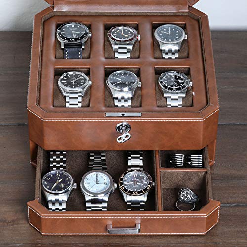 ROTHWELL 6 Slot Leather Watch Box with Valet Drawer - Luxury Case Display Organizer, Microsuede Liner, Locking Mens Jewelry Watches Holder, Men's Watch Storage Large Glass Top (Tan/Brown) - color: 6 Slot - Tan / Brown