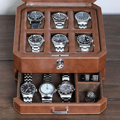 ROTHWELL 6 Slot Leather Watch Box with Valet Drawer - Luxury Case Display Organizer, Microsuede Liner, Locking Mens Jewelry Watches Holder, Men's Watch Storage Large Glass Top (Tan/Brown) - color: 6 Slot - Tan / Brown