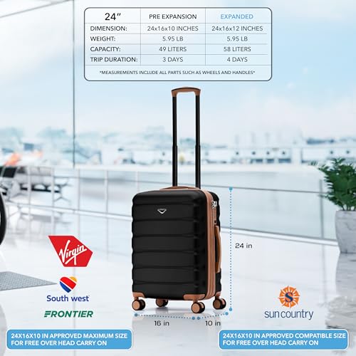 Flight Knight 24x16x10 Expandable Carry On Suitcase Hardside TSA Lock USB C Lightweight Luggage Silent Double Spinner Wheels Maximum Overhead Carry-On Bag For Virgin South West Approved Black/Tan - color: Black/Tan, size: 24x16x10"