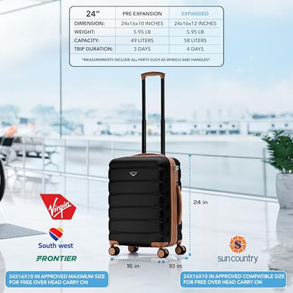 Flight Knight 24x16x10 Expandable Carry On Suitcase Hardside TSA Lock USB C Lightweight Luggage Silent Double Spinner Wheels Maximum Overhead Carry-On Bag For Virgin South West Approved Black/Tan - color: Black/Tan, size: 24x16x10"