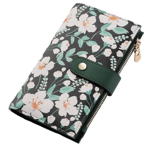 yiijay Womens Wallet RFID Blocking Vegan Leather Trifold Clutch Credit Card Holder Ladies Travel Wallet Purse with Pen Holder - color: 2Flora Green