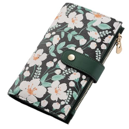 yiijay Womens Wallet RFID Blocking Vegan Leather Trifold Clutch Credit Card Holder Ladies Travel Wallet Purse with Pen Holder - color: 2Flora Green