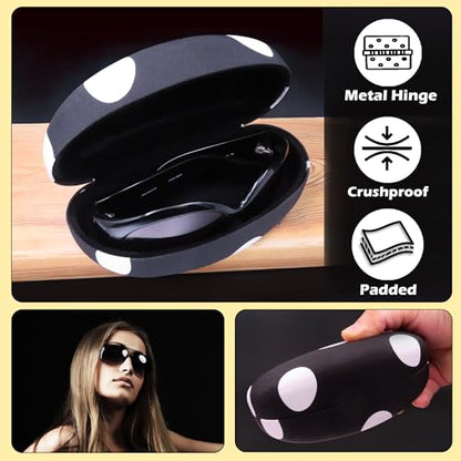 MyEyeglassCase® Large Hard Sunglasses Case | fits Large curved Sunglasses, with microfiber bag and cleaning cloth - color: Polka Dots Black / White