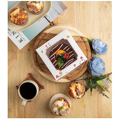 20 Pack Bakery Boxes with Window Small 6x6x2 inch for Cookie, Candy, Pastry, Brownie, Chiffon Cake, Tart, Pie, Waffle (White-Flora) - color: White-Flora