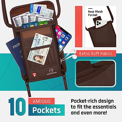 Alpha Keeper Neck Wallet for Travel Man and Women, RFID Passport Holder - color: Brown