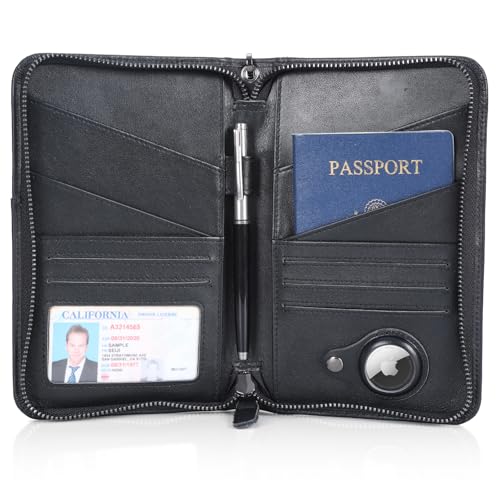 Polare Full Grain Leather Passport Holder Cover Case for Men and Women RFID Blocking Family Travel Wallet Holds 6 Passports - color: Black with AirTag Slot