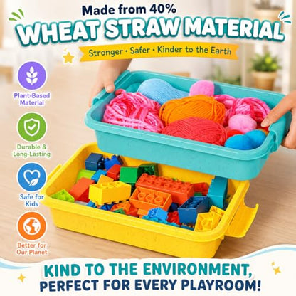 Carolart 3 Pack 12.8 Inch Wheat straw Plastic Storage Bins, Stackable | 40% wheat straw blend containers with lids for sand toy storage, classroom supplies, crafts, toys and homeschool use - color: Wheat straw