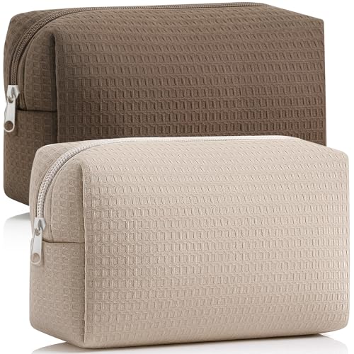 Gilprop 2Pcs Cozy Makeup Bag for Women Portable Travel Waffle Toiletry Bag Wedding Gifts Soft Aesthetic Makeup Organizer Large Pouch with Zipper for Bridesmaid Lady Sister Daughter(Khaki,Coffee,2 Pcs) - color: Khaki,Coffee