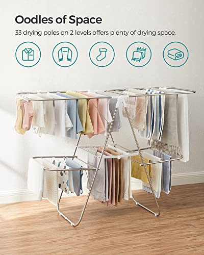 SONGMICS Clothes Drying Rack, Foldable 2-Level Laundry Drying Rack, Free-Standing Laundry Airer, with Height-Adjustable Wings, 33 Drying Rails, Sock Clips, Silver and White ULLR053W01V1 - color: Silver + White, size: 2 Tiers（22"d x 61.8"w x 64.3''h )