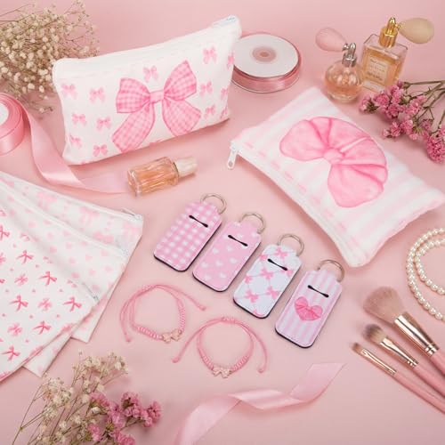 Hillban 30 Pcs Pink Bow Party Favors 10 Coquette Canvas Makeup Bags 10 Pink Bow Lipstick Keychains Holder and 10 Braid Bracelets Gift Bulk for Women Guests Coquette Birthday Party Decorations Supplies