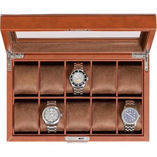 ROTHWELL 10 Slot Leather Watch Box - Luxury Case Display Jewelry Organizer - Locking Watch Display Case Holder with Large Glass Top - Box Organizer for Men and Women (Tan/Brown) - color: Tan / Brown