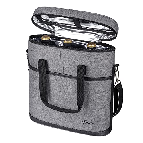 Tirrinia Insulated Wine Gift carrier - 3 Bottle Travel Wine Carry Cooler Tote Bag with Handle and Adjustable Shoulder Strap, Grey - color: Grey