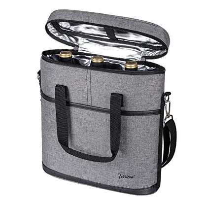 Tirrinia Insulated Wine Gift carrier - 3 Bottle Travel Wine Carry Cooler Tote Bag with Handle and Adjustable Shoulder Strap, Grey - color: Grey
