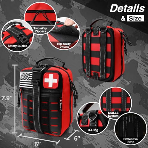 Survival First Aid Kit with Israeli Bandage, Chest Seal, Tourniquet, Splint, Tactical Military Combat Molle IFAK for Wound Care, Bleeding Control, Trauma Hemorrhage and More (Red) - color: Red