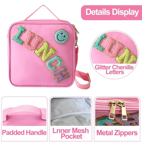 Insulated Lunch Bag With Adjustable Shoulder Strap, Nylon Preppy Lunch Box Large Insulated Lunch Bag Reusable Lunch Tote Bag with Smiley Preppy LunchBag for Girls School Travel Picnic (Pink) - color: Pink
