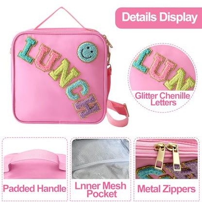 Insulated Lunch Bag With Adjustable Shoulder Strap, Nylon Preppy Lunch Box Large Insulated Lunch Bag Reusable Lunch Tote Bag with Smiley Preppy LunchBag for Girls School Travel Picnic (Pink) - color: Pink