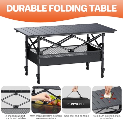 FUNYKICH Folding Camping Table(L32.3''xW15.7''), Aluminum Roll-up Portable Picnic Table with 2 Adjustable Height, Large Storage and Carrying Bag for Picnic, Camping, BBQ, Party, Backyard, Beach - size: 32.3''L x 15.7''W x (17.3''/27.6'')H