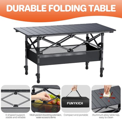 FUNYKICH Folding Camping Table(L32.3''xW15.7''), Aluminum Roll-up Portable Picnic Table with 2 Adjustable Height, Large Storage and Carrying Bag for Picnic, Camping, BBQ, Party, Backyard, Beach - size: 32.3''L x 15.7''W x (17.3''/27.6'')H