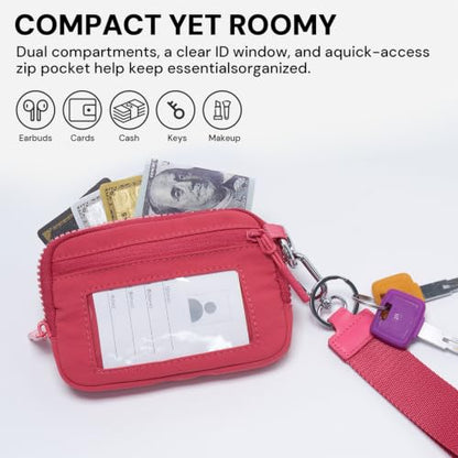 Small Nylon Wristlet Wallet for Women Minimalist Zip Keychain Coin Purse Card Case with Clear ID Window Water-Resistant Pouch - color: Raspberry