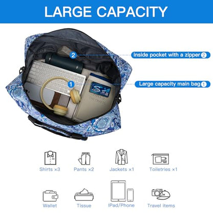 F.FETIVIN Weekender Bag Carry On Travel Duffle Bag Medium Overnight Bag for Women (Blue Paisley) - color: 11-Blue Paisley