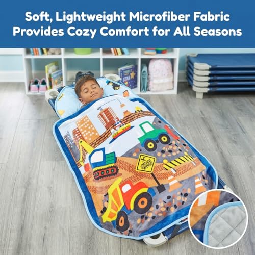 EVERYDAY KIDS Cute Preschooler and Toddler Cot Nap Mat for Home, Daycare, Preschool and Kindergarten; Easy to Roll Sleeping Mat with Elastic Straps, Pillow and Blanket - color: Construction Cot Nap Mat